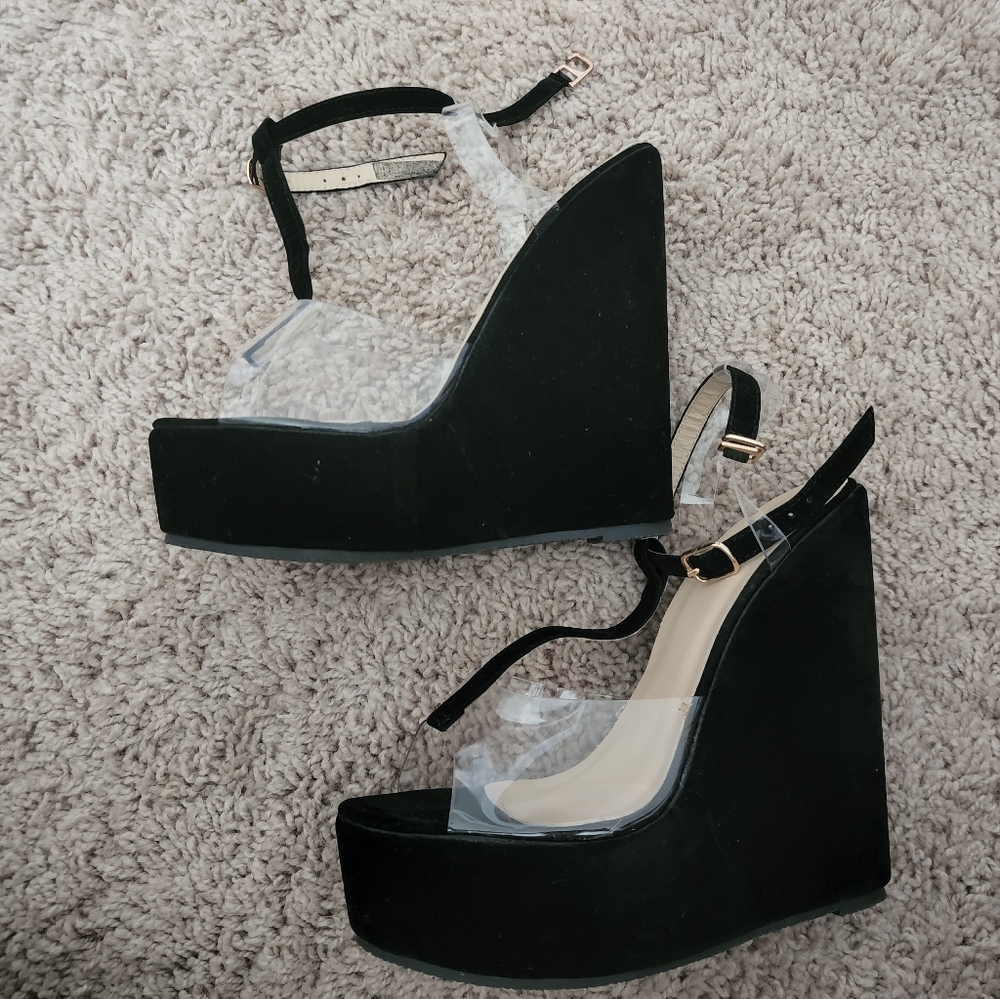 Transparent T Strap Wedge Heels